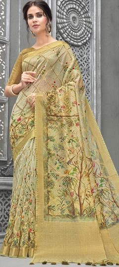Party Wear, Traditional Gold color Saree in Linen fabric with South Floral, Printed, Weaving work : 1873437