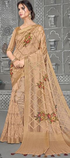 Party Wear, Traditional Beige and Brown color Saree in Linen fabric with South Floral, Printed, Weaving work : 1873440