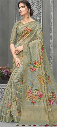 Party Wear, Traditional Black and Grey color Saree in Linen fabric with South Floral, Printed, Weaving work : 1873442