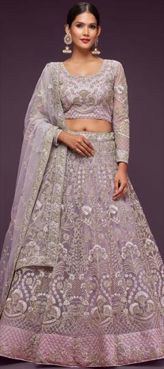 Bridal, Engagement, Wedding Purple and Violet color Lehenga in Net fabric with Flared Embroidered, Thread, Zari work : 1873632
