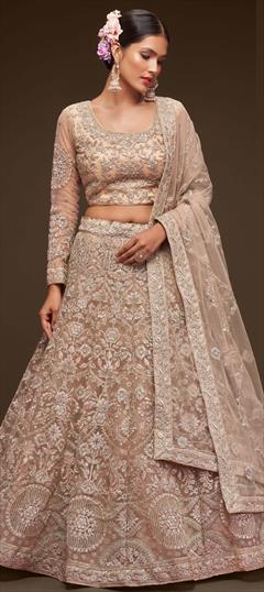 Bridal, Engagement, Wedding Beige and Brown color Lehenga in Net fabric with Flared Embroidered, Thread, Zari work : 1873633
