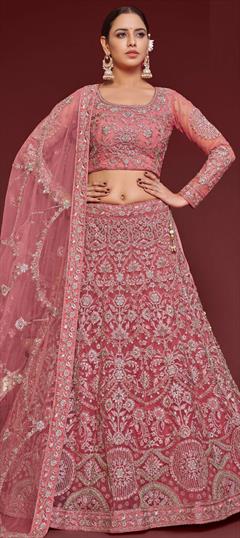 Bridal, Engagement, Wedding Pink and Majenta color Lehenga in Net fabric with Flared Embroidered, Thread, Zari work : 1873637