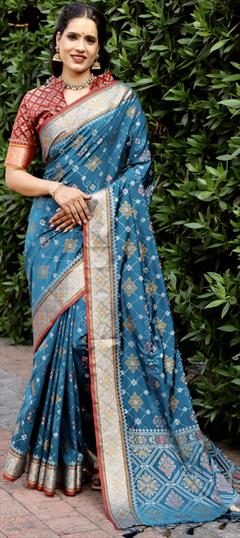 Party Wear, Traditional Blue color Saree in Patola Silk, Silk fabric with South Weaving work : 1873779