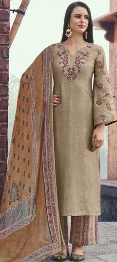 Festive, Party Wear Beige and Brown color Salwar Kameez in Cotton fabric with Straight Embroidered, Printed, Resham, Thread work : 1873833