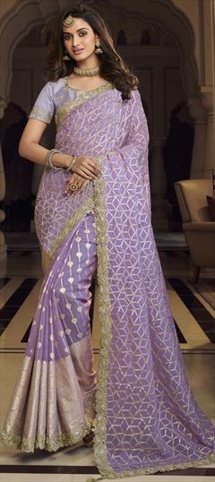 Mehendi Sangeet, Reception, Wedding Purple and Violet color Saree in Georgette fabric with Classic Border, Embroidered, Sequence, Thread, Zari work : 1873884