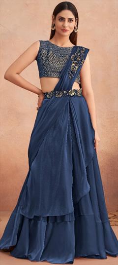 Engagement, Reception, Wedding Blue color Readymade Saree in Lycra fabric with Classic Resham, Sequence, Thread work : 1873935