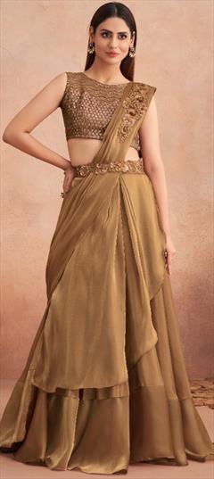 Engagement, Reception, Wedding Beige and Brown color Readymade Saree in Lycra fabric with Classic Resham, Sequence, Thread work : 1873940