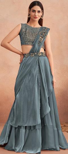 Engagement, Reception, Wedding Black and Grey color Readymade Saree in Lycra fabric with Classic Resham, Sequence, Thread work : 1873942