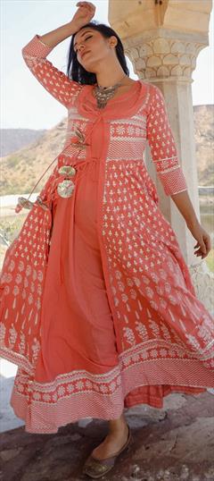 Festive, Party Wear Pink and Majenta color Gown in Cotton fabric with Printed work : 1874257