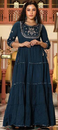 Festive, Party Wear Blue color Gown in Cotton fabric with Embroidered, Thread work : 1874266