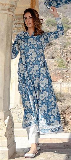 Party Wear, Reception Blue color Salwar Kameez in Cotton fabric with Anarkali Floral, Printed work : 1874285
