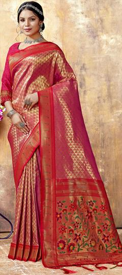 Party Wear, Traditional Pink and Majenta color Saree in Kanjeevaram Silk, Silk fabric with South Weaving work : 1874301