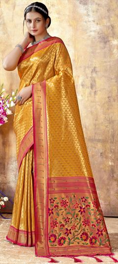 Party Wear, Traditional Gold color Saree in Kanjeevaram Silk, Silk fabric with South Weaving work : 1874304