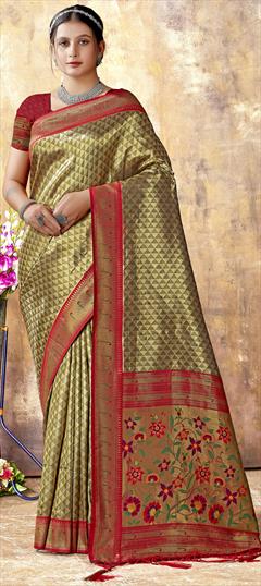 Party Wear, Traditional Beige and Brown color Saree in Kanjeevaram Silk, Silk fabric with South Weaving work : 1874307