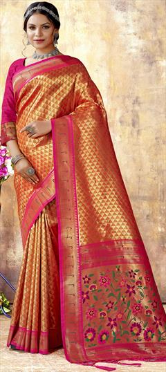Party Wear, Traditional Red and Maroon color Saree in Kanjeevaram Silk, Silk fabric with South Weaving work : 1874313
