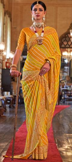 Engagement, Festive, Reception Green, Yellow color Saree in Georgette fabric with Classic, Rajasthani Border, Gota Patti, Lehariya, Printed work : 1874358