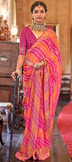 Engagement, Festive, Reception Orange, Pink and Majenta color Saree in Georgette fabric with Classic, Rajasthani Border, Gota Patti, Lehariya, Printed work : 1874360