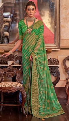 Engagement, Festive, Reception Green color Saree in Georgette fabric with Classic, Rajasthani Border, Gota Patti, Lehariya, Printed work : 1874362
