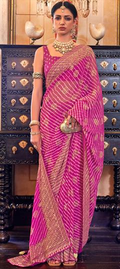 Engagement, Festive, Reception Pink and Majenta color Saree in Georgette fabric with Classic, Rajasthani Border, Gota Patti, Lehariya, Printed work : 1874365