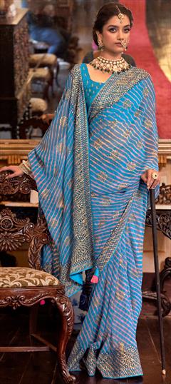 Engagement, Festive, Reception Blue color Saree in Georgette fabric with Classic, Rajasthani Border, Gota Patti, Lehariya, Printed work : 1874369