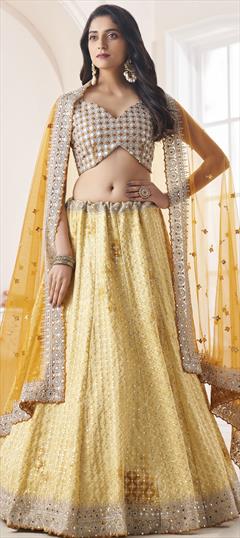 Engagement, Reception, Wedding Yellow color Lehenga in Georgette fabric with Flared Mirror, Sequence, Stone, Thread work : 1874465