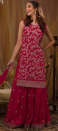 Party Wear, Reception Pink and Majenta color Salwar Kameez in Georgette fabric with Sharara, Straight Embroidered, Sequence, Thread work : 1874471