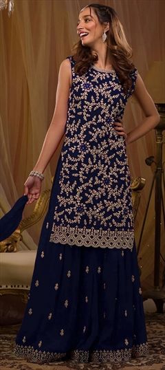 Party Wear, Reception Blue color Salwar Kameez in Georgette fabric with Sharara, Straight Embroidered, Sequence, Thread work : 1874477