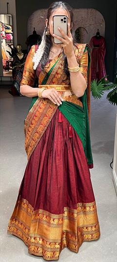 Festive, Mehendi Sangeet, Reception Red and Maroon color Lehenga in Cotton fabric with Flared Weaving, Zari work : 1874483