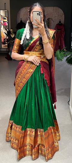 Festive, Mehendi Sangeet, Reception Green color Lehenga in Cotton fabric with Flared Weaving, Zari work : 1874485