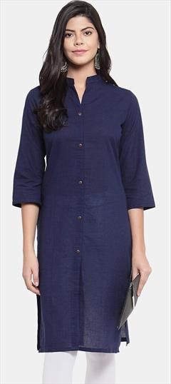 Casual Blue color Kurti in Rayon fabric with Long Sleeve, Straight Thread work : 1874563