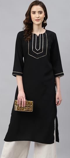 Casual Black and Grey color Kurti in Rayon fabric with Long Sleeve, Straight Gota Patti work : 1874567