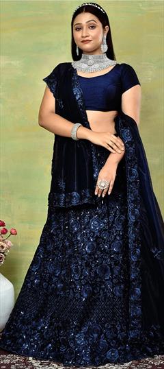 Mehendi Sangeet, Reception, Wedding Blue color Lehenga in Net fabric with A Line Embroidered, Thread work : 1874580