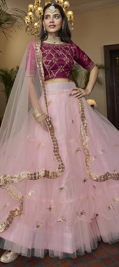 Engagement, Mehendi Sangeet, Reception Pink and Majenta color Lehenga in Net fabric with Ruffle Embroidered, Sequence, Thread work : 1874616