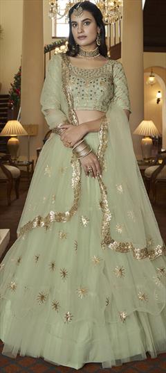 Engagement, Mehendi Sangeet, Reception Green color Lehenga in Net fabric with Ruffle Embroidered, Sequence, Thread work : 1874623