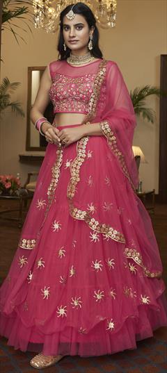 Engagement, Mehendi Sangeet, Reception Pink and Majenta color Lehenga in Net fabric with Ruffle Embroidered, Sequence, Thread work : 1874630