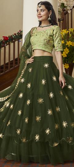 Engagement, Mehendi Sangeet, Reception Green color Lehenga in Net fabric with Ruffle Embroidered, Sequence, Thread work : 1874631