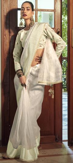 Party Wear, Traditional White and Off White color Saree in Organza Silk, Silk fabric with South Lace, Stone, Zari work : 1874727