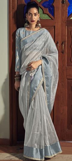 Party Wear, Traditional Black and Grey color Saree in Organza Silk, Silk fabric with South Lace, Stone, Zari work : 1874732