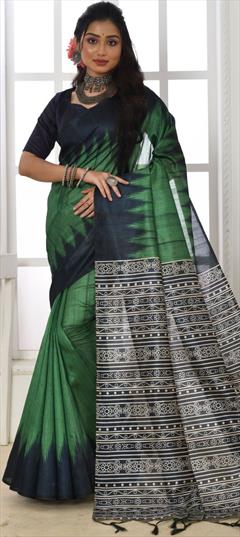 Casual, Traditional Green color Saree in Silk, Tussar Silk fabric with South Printed work : 1874774