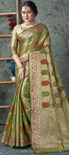 Party Wear, Traditional Green color Saree in Organza Silk, Silk fabric with South Weaving work : 1874849