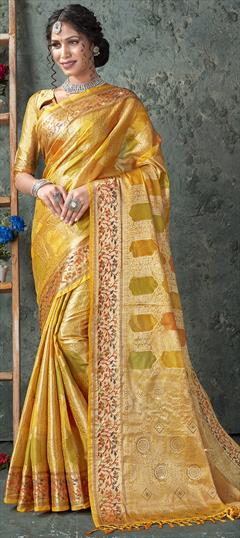 Party Wear, Traditional Yellow color Saree in Organza Silk, Silk fabric with South Weaving work : 1874850