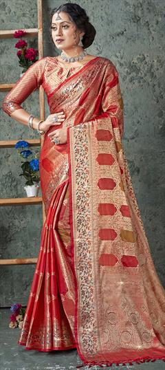 Party Wear, Traditional Red and Maroon color Saree in Organza Silk, Silk fabric with South Weaving work : 1874855