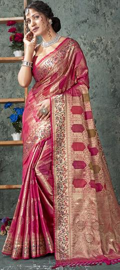 Party Wear, Traditional Pink and Majenta color Saree in Organza Silk, Silk fabric with South Weaving work : 1874857