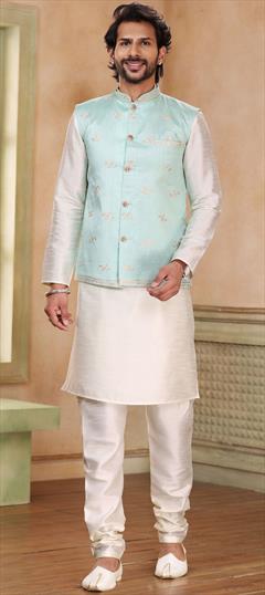 Party Wear White and Off White color Kurta Pyjama with Jacket in Art Silk fabric with Sequence, Thread work : 1874908