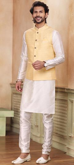 Party Wear White and Off White color Kurta Pyjama with Jacket in Art Silk fabric with Sequence, Thread work : 1874913