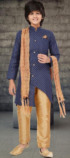 Party Wear Blue color Boys Kurta Pyjama in Cotton fabric with Printed work : 1875031