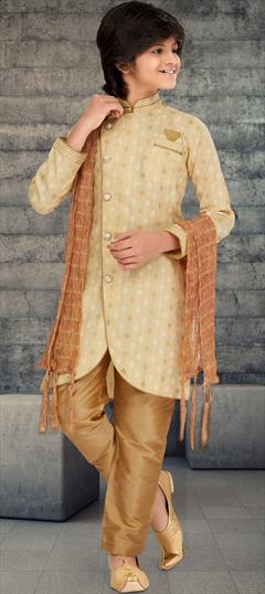 Party Wear Gold color Boys Kurta Pyjama in Cotton fabric with Printed work : 1875047