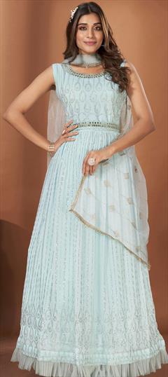 Engagement, Mehendi Sangeet, Reception Blue color Gown in Georgette fabric with Mirror, Stone work : 1875271