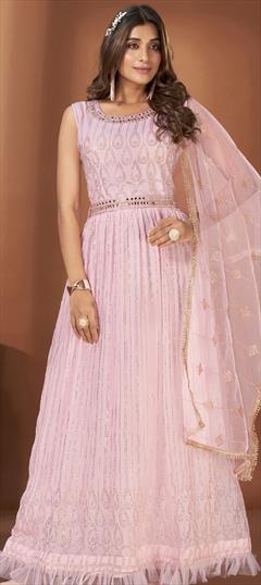 Engagement, Mehendi Sangeet, Reception Pink and Majenta color Gown in Georgette fabric with Mirror, Stone work : 1875273