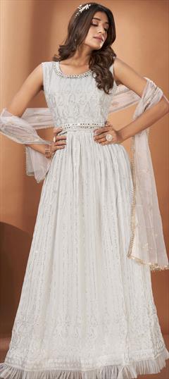 Engagement, Mehendi Sangeet, Reception White and Off White color Gown in Georgette fabric with Mirror, Stone work : 1875277
